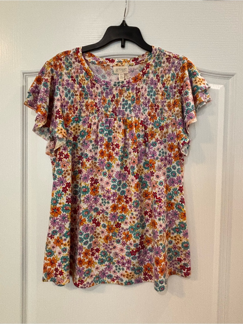 Greige Multicolor Floral Smocked Flutter Sleeve Top, Size Medium